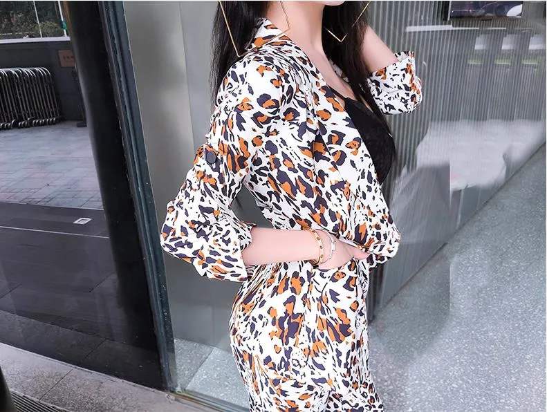 Women's Leopard V-Neck Single Button High Waist Two Piece Set