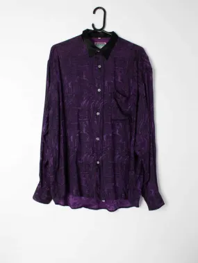 Womens vintage 1980s party shirt. Woven abstract pattern in deep purple – Large / XL