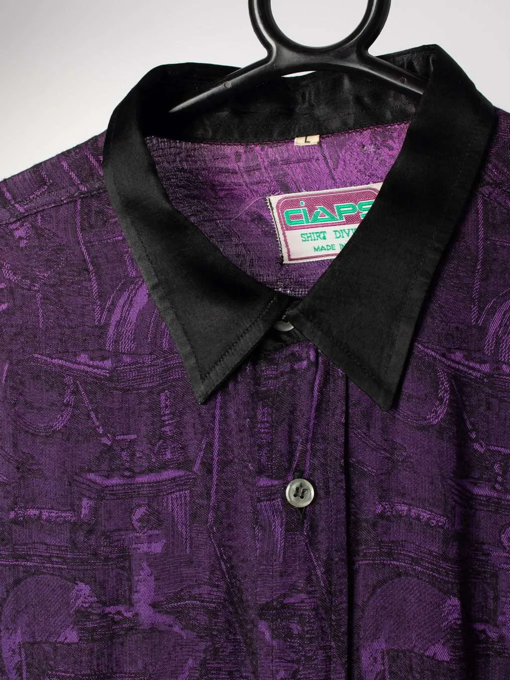 Womens vintage 1980s party shirt. Woven abstract pattern in deep purple – Large / XL